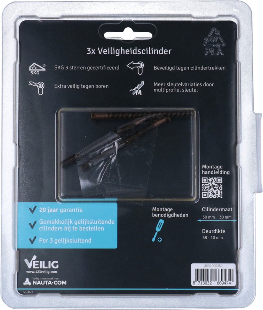 VEILIG veiligheidsprofielcilinder Expert S7 30/30 SKG3 (set van 3 stuks gelijksluitend), Zwart